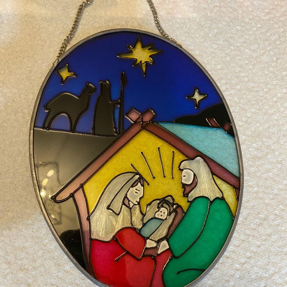 Nativity stained glass Baby Jesus in Manger Joseph Mary Holy